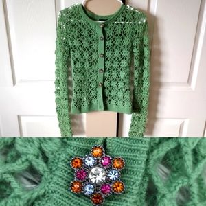 Vintage Cashmere Crochet Knit Green Floral Rhinestone Sweater Cardigan